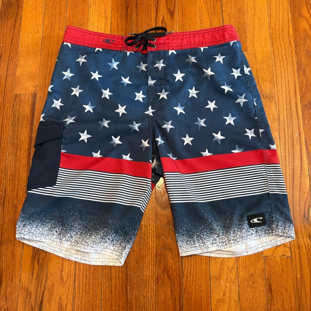 O'Neill Mens 32 Board Shorts Blue American Flag Stars Stripes 9.5" Inseam